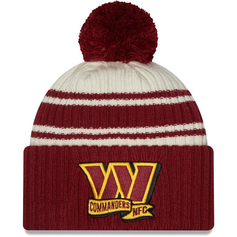 Washington Redskins New Era NFL Cuffed Pom Knit Beanie Hat Cream/Maroon Crown/Visor Team Color Logo (2022 Sideline)