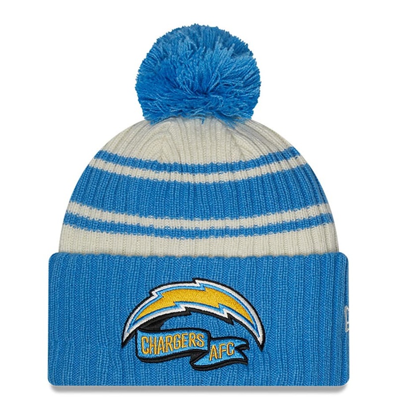 (Youth) Los Angeles New Era NFL Kid Cuffed Pom Knit Beanie Hat Cream/Sky Blue Crown/Visor Team Color Logo (2022 Sideline)