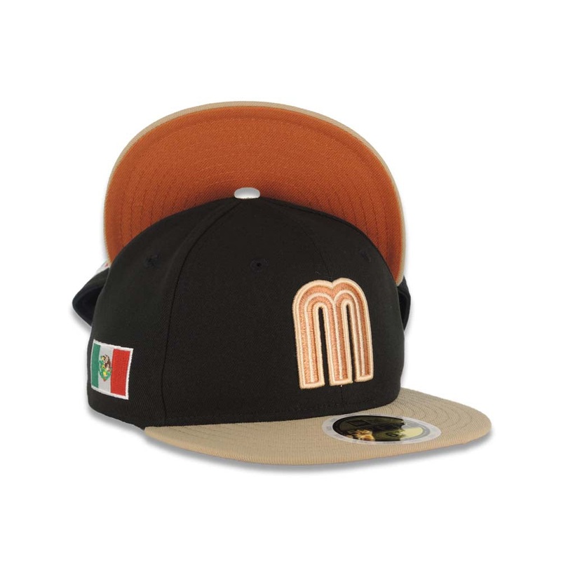 (Youth) Mexico New Era 59FIFTY 5950 Kid Fitted Cap Hat Black Crown Khaki Visor Metallic Brown/Khaki M Logo Mexico Flag Side Patch Orange UV