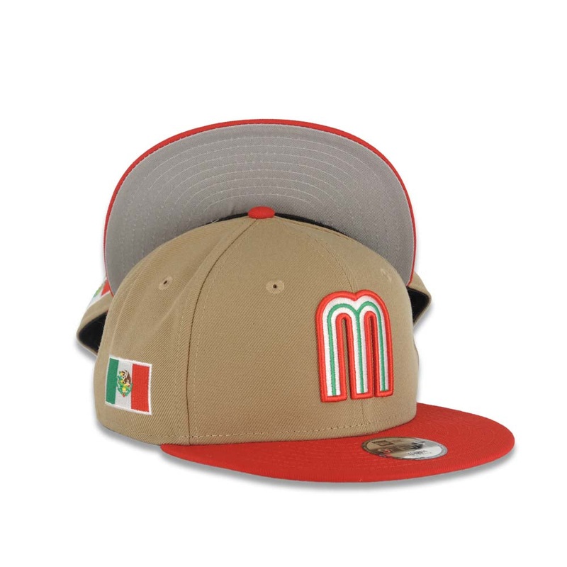 (Youth) Mexico New Era WBC World Baseball Classic 9FIFTY 950 Kid Snapback Cap Hat Khaki Crown Red Visor Team Color Logo Mexico Flag Side Patch