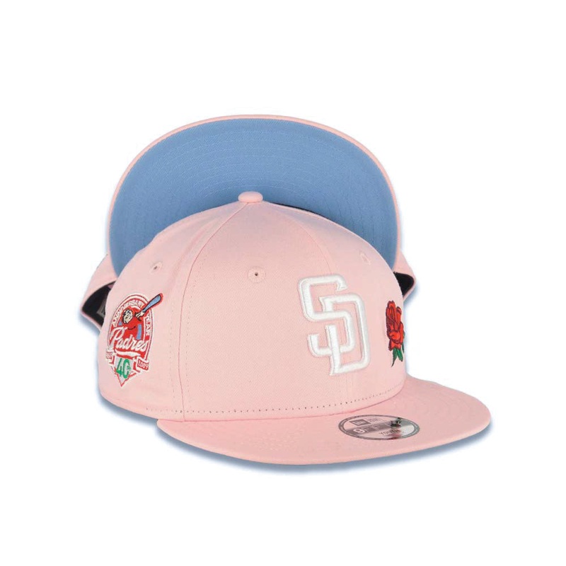 (Youth) San Diego Padres New Era MLB 9FIFTY 950 Kid Snapback Cap Hat Pink Crown/Visor White Logo With Rose 40th Anniversary Side Patch Sky Blue UV
