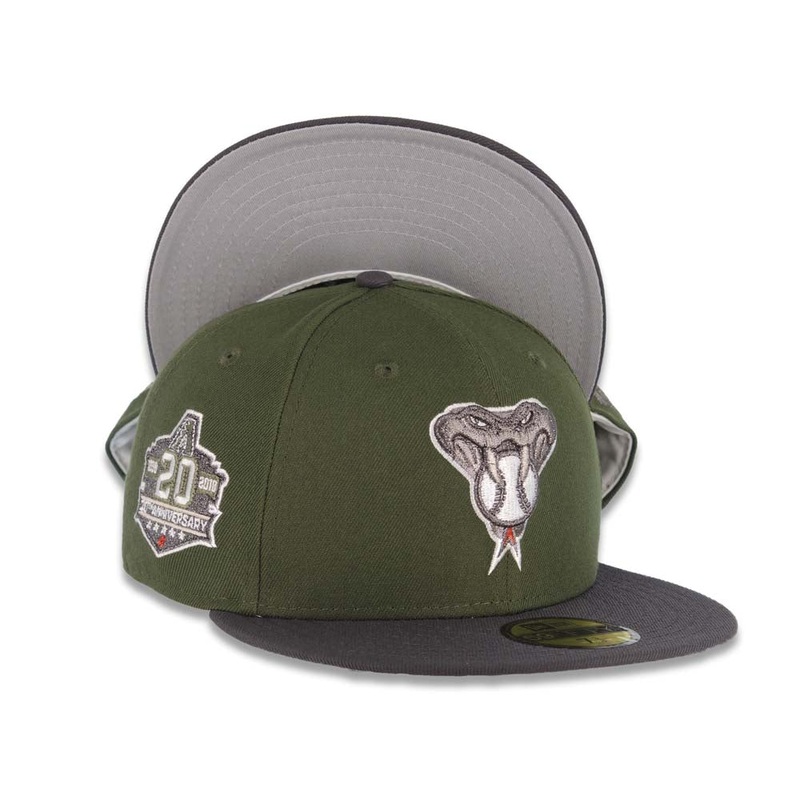 Arizona Diamondbacks New Era MLB 59FIFTY 5950 Fitted Cap Hat Olive Green Crown Gray Visor Metallic Gray/White Snake Logo 20th Anniversary Side Patch Gray UV
