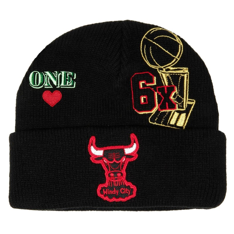Chicago Bulls Mitchell & Ness NBA Cuffed Knit Beanie Hat Black Crown/Visor Team Color Logo With Patches (Hyper Local)