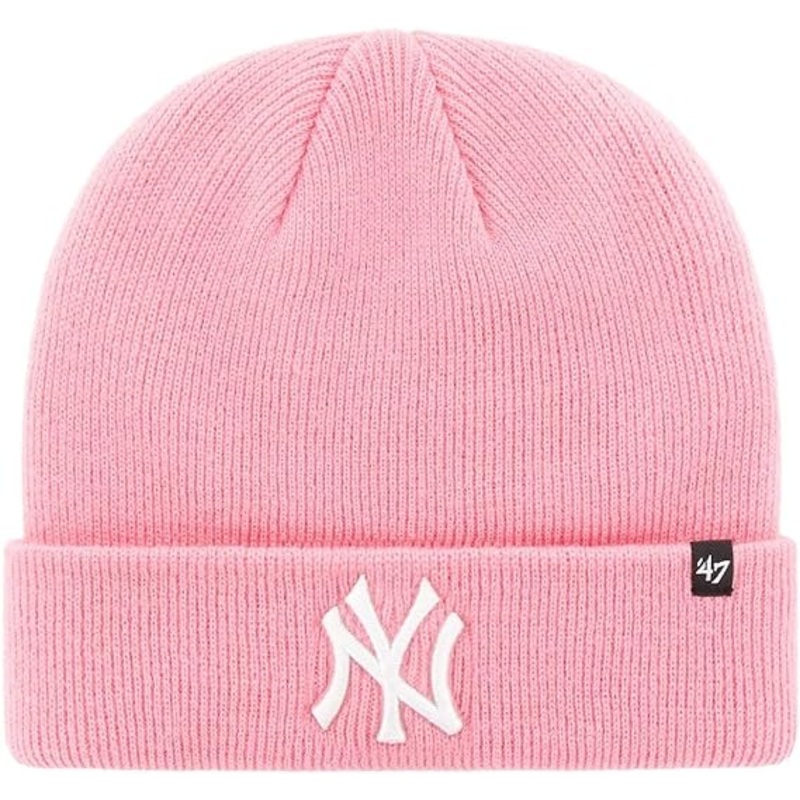 New York Yankees ’47 Brand MLB Cuffed Knit Beanie Hat Pink Crown/Visor White Logo