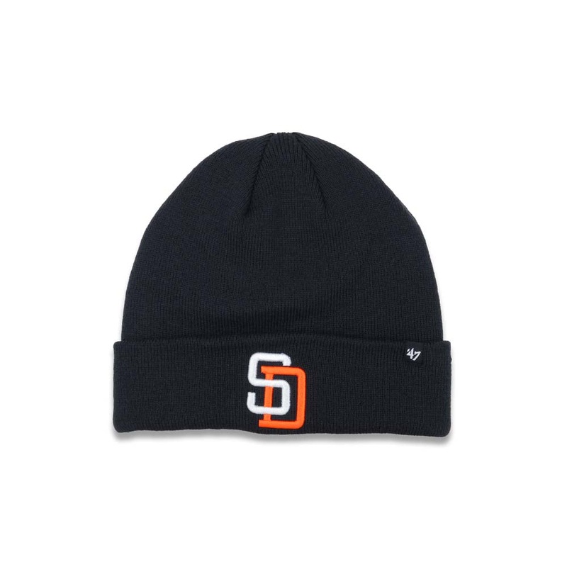 San Diego Padres ’47 Brand MLB Cuffed Basic Knit Beanie Dark Navy Blue Crown/Visor White/Orange Logo (Tony Gwynn Era)