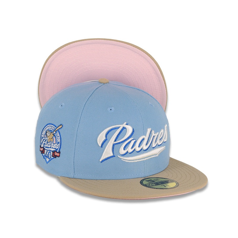 (Youth) San Diego Padres New Era MLB 59FIFTY 5950 Kid Fitted Cap Hat Sky Blue Crown Visor Khaki Logo 40th Anniversary Side Patch Pink UV
