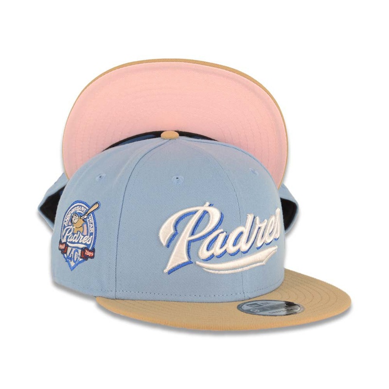 (Youth) San Diego Padres New Era MLB 9FIFTY 950 Kid Snapback Cap Hat Sky Blue Crown Khaki Visor White/Blue Logo 40th Anniversary Side Patch Pink UV