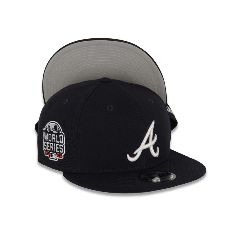 Atlanta Braves New Era MLB 9FIFTY 950 Snapback Cap Hat Navy Blue Crown/Visor White Logo 2021 World Series Side Patch Gray UV