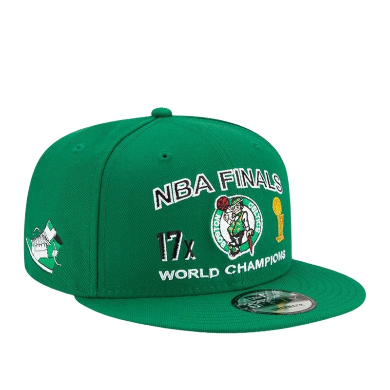 Boston Celtics New Era NBA 9FIFTY 950 Snapback Cap Hat Green Crown/Visor Team Color Logo 17x World Champions Patches (Finals Icon)