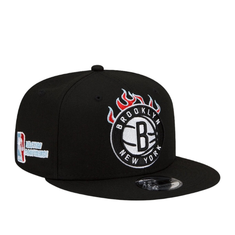 Brooklyn Nets New Era NBA 9FIFTY 950 Snapback Cap Hat Black Crown/Visor White With Flames Logo Sky Blue UV (Team Fire)