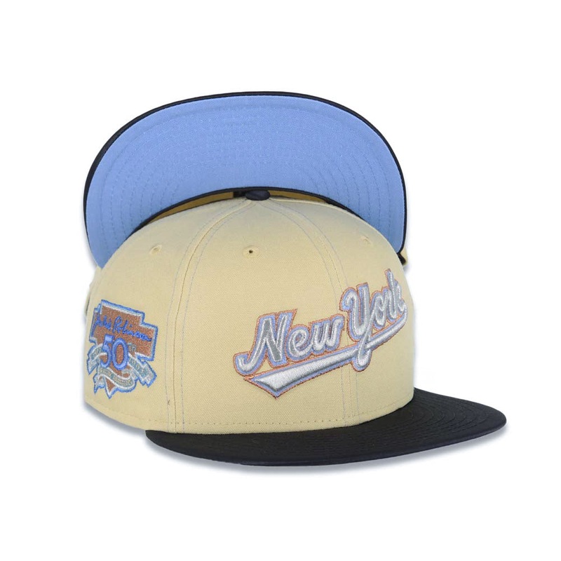 (Satin Visor) New York Yankees New Era MLB 59FIFTY 5950 Fitted Cap Hat Vegas Gold Crown Navy Visor Metallic Aluminum/Brown Script Logo Jackie Robinson Side Patch