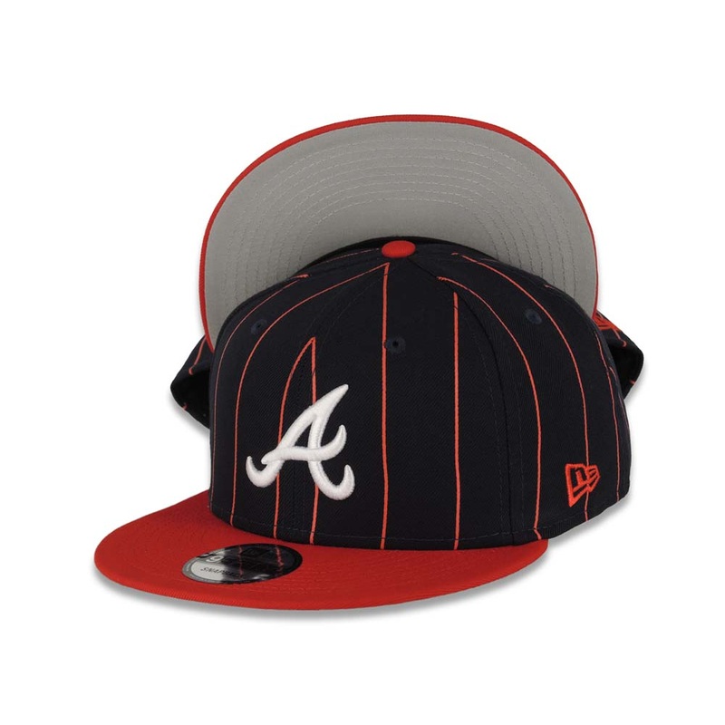Atlanta Braves New Era MLB 9FIFTY 950 Snapback Cap Hat Navy Blue/Red Pinstripe Crown Red Visor White Logo