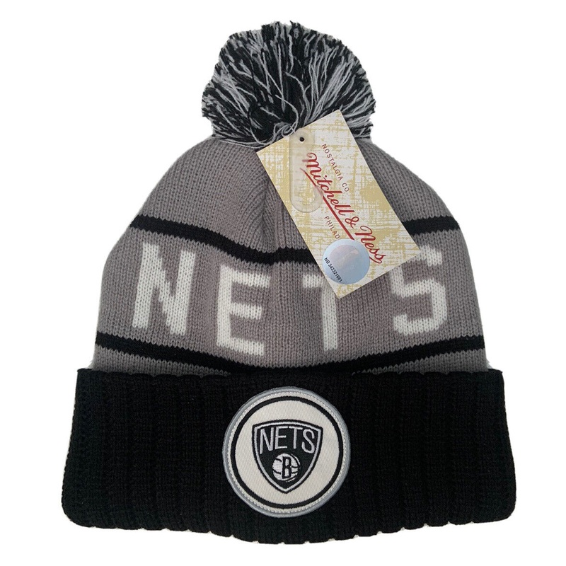 Brooklyn Nets Mitchell & Ness NBA Pom Knit Beanie Gray/Black Crown/Visor Team Color Logo (High 5)