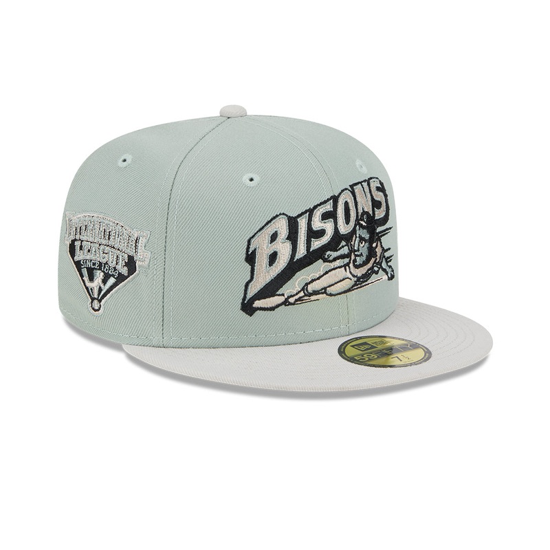 Buffalo Bisons MiLB New Era 59FIFTY 5950 Fitted Cap Hat Mint Green Crown Stone Visor Team Color Logo (Hometown Roots)