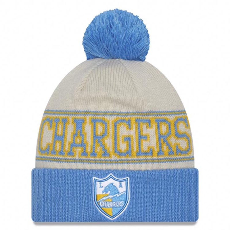 Los Angeles Chargers New Era NFL Cuffed Pom Knit Beanie Hat Cream/Sky Blue Crown/Visor Team Color Shield Logo (2023 Sideline)