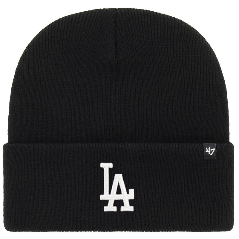 Los Angeles Dodgers ’47 Brand MLB Basic Cuffed Knit Beanie Hat Black Crown/Visor White Logo