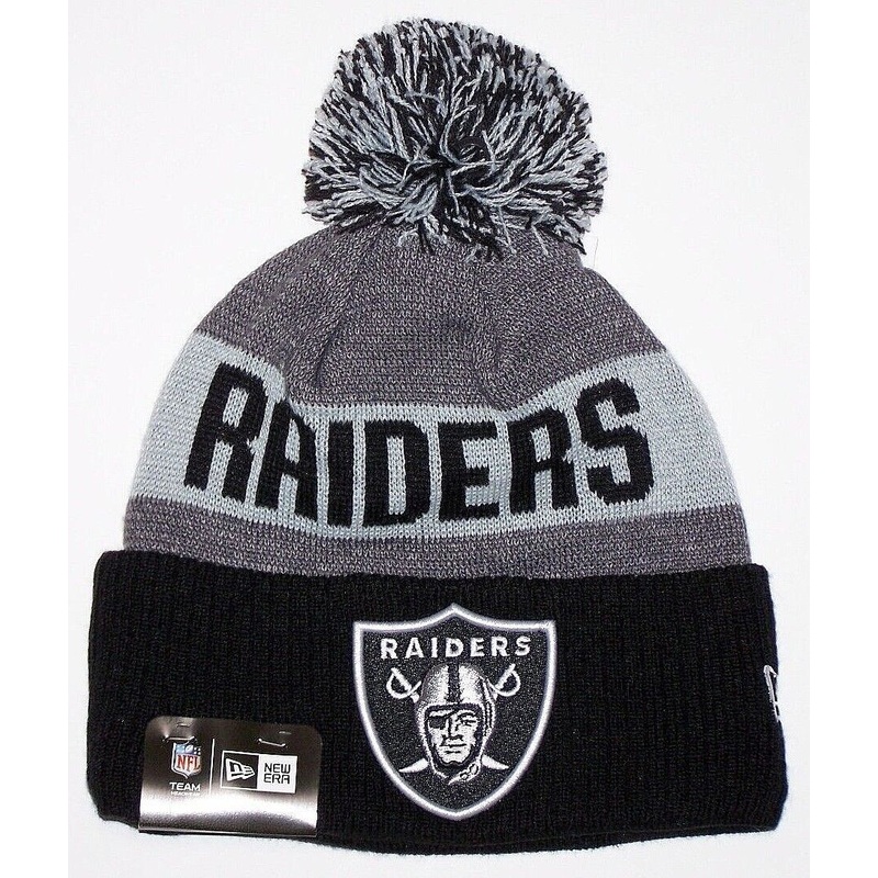 Oakland Raiders New Era NFL Cuffed Pom Knit Beanie Hat Black/Gray Crown/Visor Team Color Logo (2016 Sideline)