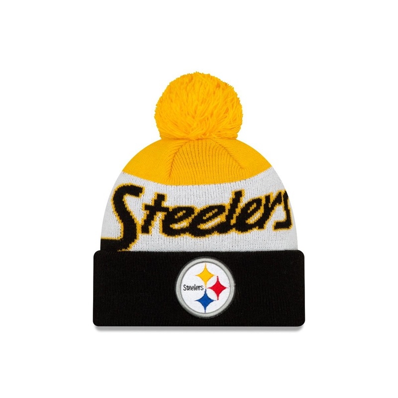 Pittsburgh Steelers New Era NFL Cuffed Pom Knit Beanie Hat Black/Yellow/White Crown/Visor Script A3 Team Color Logo