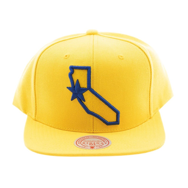 Warriors Mitchell & Ness NBA Original Fit Snapback Cap Hat Yellow Crown/Visor Royal Blue California Map Logo (Logo Remix)