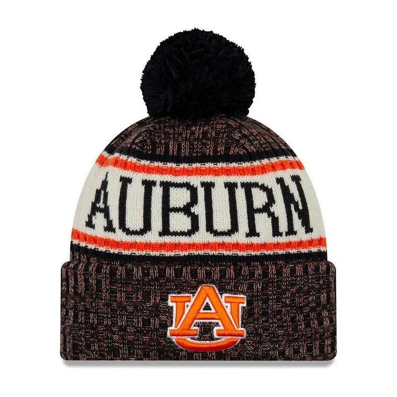 Auburn Tigers New Era NCAA Cuffed Pom Knit Hat White/Black/Orange Crown/Visor Orange Logo (2018 Sideline)