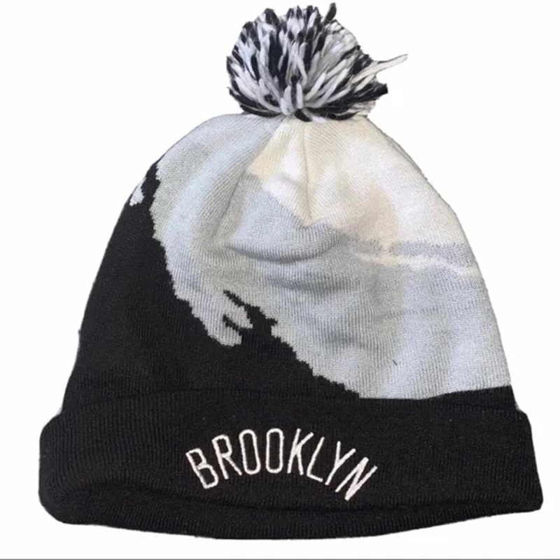 Brooklyn Nets NBA Pom Knit Beanie White/Gray/Black Crown/Visor White Logo (Current Paintbrush)