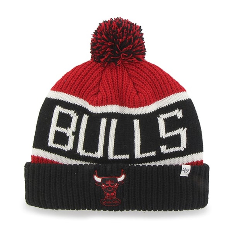 Chicago Bulls ’47 Brand NBA Pom Knit Beanie Red/Black Crown/Visor Team Color Logo (Calgary Knit)