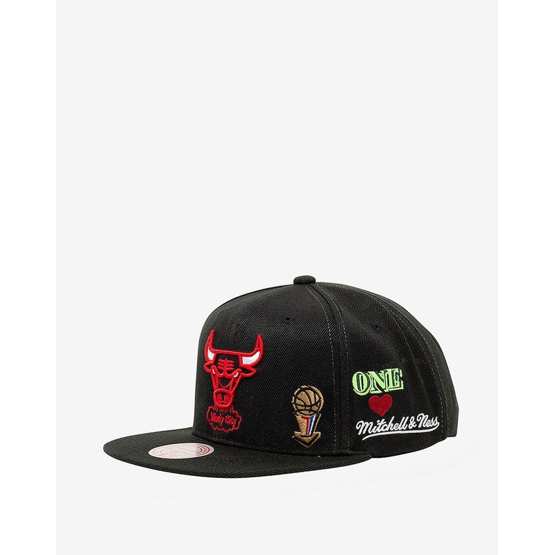 Chicago Bulls Mitchell & Ness NBA Snapback Cap Hat Black Crown/Visor Team Color Logo With Multiple Patches (Hyperlocal)
