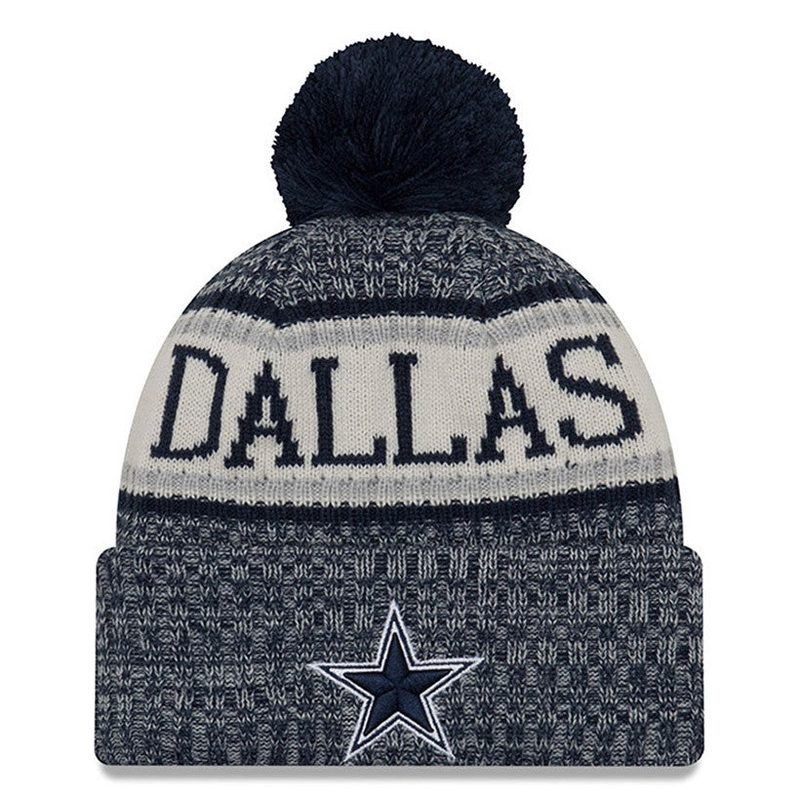 Dallas Cowboys New Era NFL Cuffed Pom Knit Hat Navy Blue/White Crown/Visor Team Color Logo (2018 Sideline)