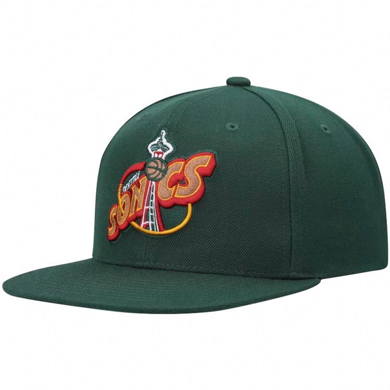 Seattle Supersonics Mitchell & Ness NBA Snapback Cap Hat Green Crown/Visor Team Color Logo Green UV