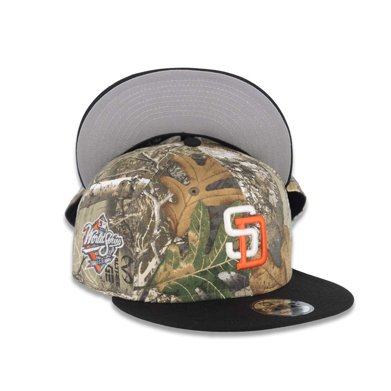 San Diego Padres New Era MLB 9FIFTY 950 Snapback Cap Hat Real Tree Edge Camo Crown Black Visor White/Orange Logo 1998 World Series Side Patch Gray UV