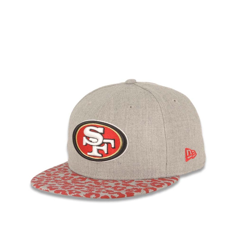 San Francisco 49ers New Era NFL 59FIFTY 5950 Fitted Heather Cap Hat Gray Crown Red/Gray Leopard Visor Team Color Logo (Leopardvize)