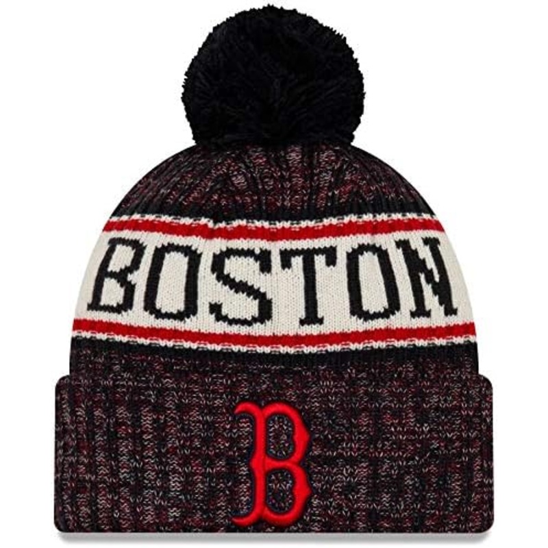 Boston Red Sox New Era MLB Cuffed Pom Knit Hat Navy Blue/Red/White Crown/Visor Red/Black Logo (2018 Sideline)