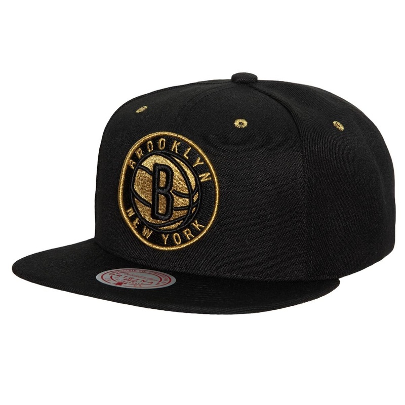 Brooklyn Nets Mitchell & Ness NBA Fools Gold Snapback Cap Hat Black Crown/Visor Metallic Gold Logo