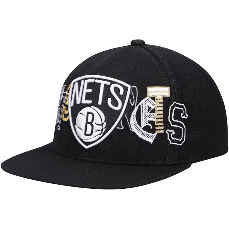 Brooklyn Nets Mitchell & Ness NBA Hype Type Snapback Cap Hat Black Crown/Visor White/Black/ Metallic Gold Logo