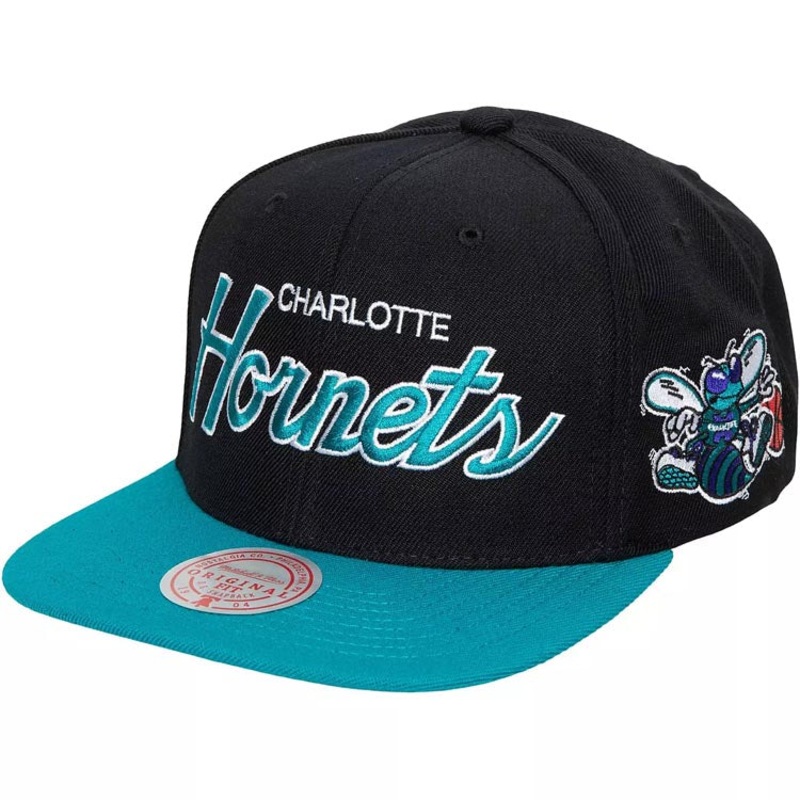 Charlotte Hornets Mitchell & Ness Team Script 2.0 Snapback Cap Hat Black Crown Teal Visor Team Color Script/Text Logo
