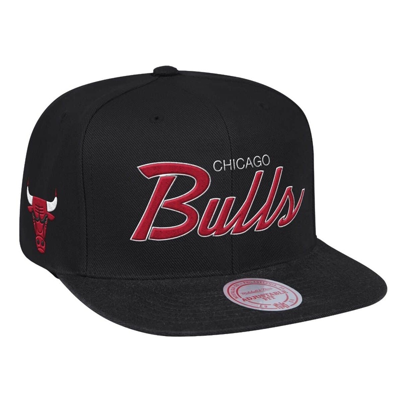 Chicago Bulls Mitchell & Ness NBA Snapback Cap Hat Black  Crown/Visor Team Color Satin Script Logo Team Logo Side Patch