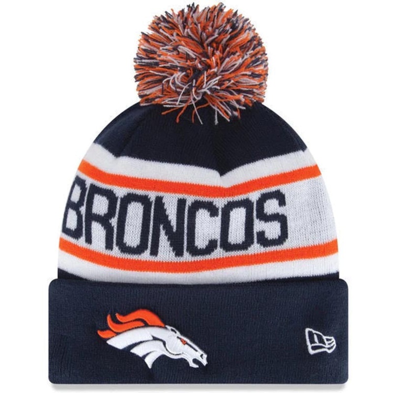 Denver Broncos New Era NFL Cuffed Pom Knit Hat Navy Blue/Orange/White Crown/Visor Team Color Logo (Biggest Fan Redux)