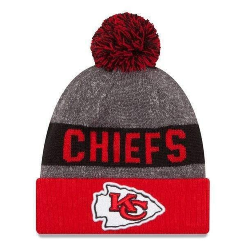 Kansas City Chiefs New Era NFL Cuffed Pom Knit Hat Red/Black/Gray Crown/Visor Team Color Logo (2016 Sideline)