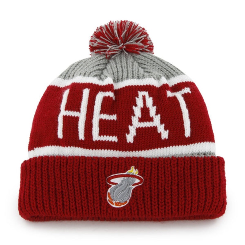 Miami Heat ’47 Brand NBA Pom Knit Beanie Gray/Red Crown/Visor Team Color Logo (Calgary)