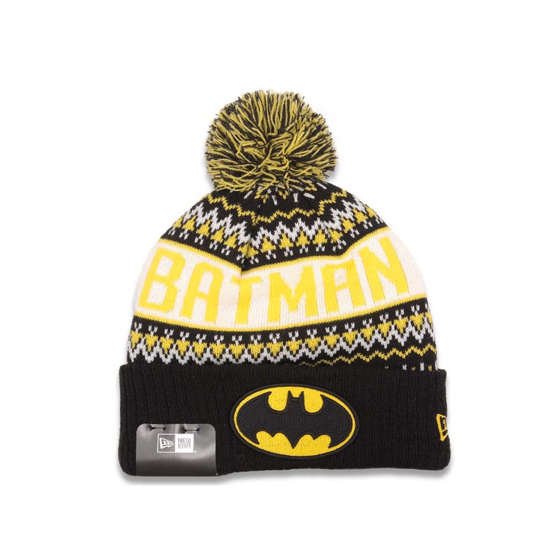 Batman New Era Cuffed Wintry Pom Knit Hat Black/Yellow Crown/Visor Yellow/Black Logo