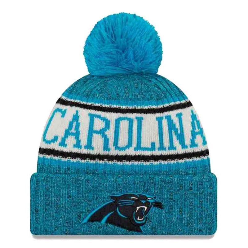 Carolina Panthers New Era NFL 2018 Sideline Cuffed Pom Knit Hat Aqua Blue Crown/Visor Team Color Logo