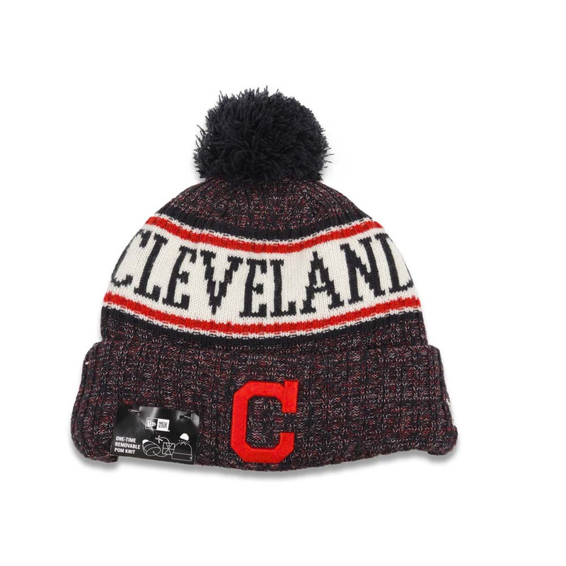 Cleveland Indians New Era MLB 2018 Sideline Cuffed Pom Knit Hat Black/White/Red Crown/Visor Team Color Logo