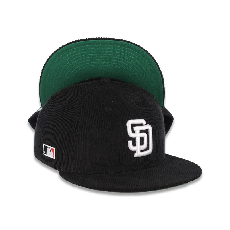(Corduroy) San Diego Padres New Era MLB 59FIFTY 5950 Fitted Cap Hat Black Crown/Visor White Logo Batterman Batty Side Patch Green UV