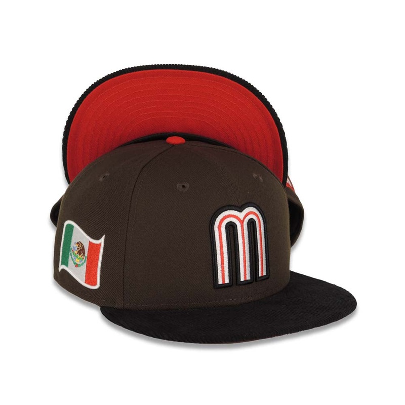 (Corduroy Visor) Mexico New Era World Baseball Classic WBC 59FIFTY 5950 Fitted Cap Hat Brown Crown Black Visor White/Red/Black Logo Red UV
