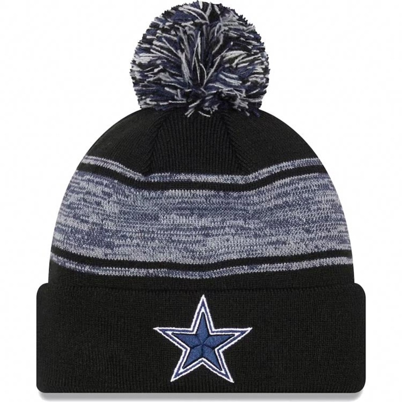 Dallas Cowboys New Era NFL Chilled Cuffed Pom Knit Hat Black/Gray Crown/Visor Team Color Logo
