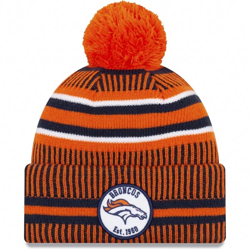 Denver Broncos New Era NFL 2019 Sideline Cuffed Pom Knit Hat Navy Blue/Orange Crown/Visor Team Color Logo