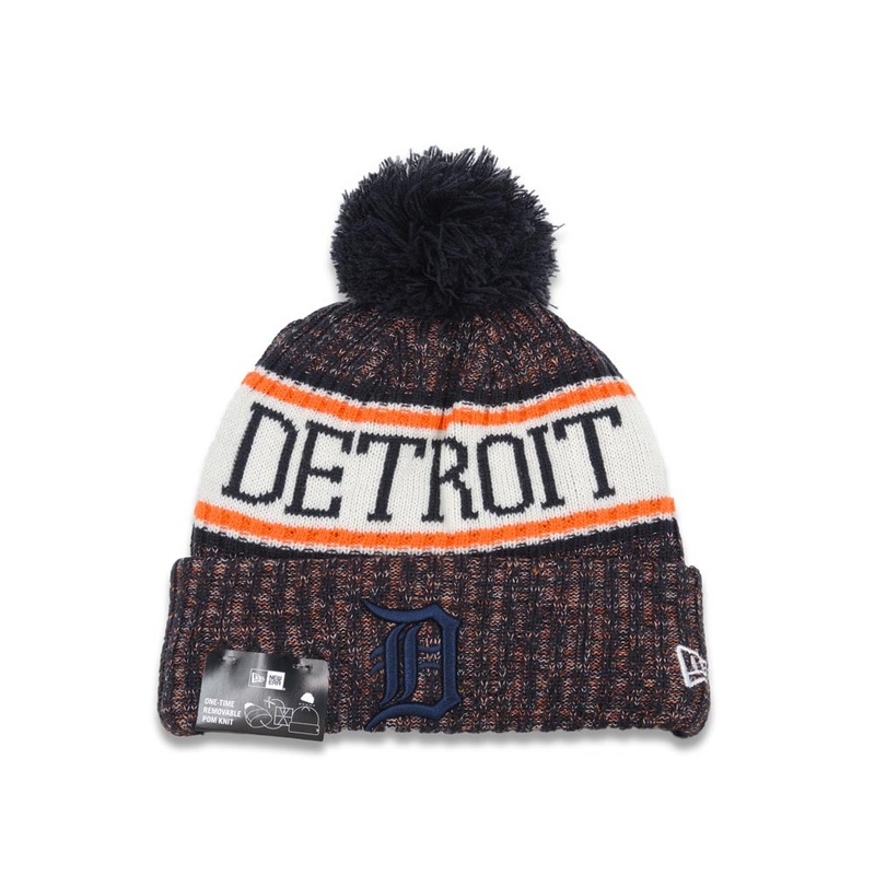 Detroit Tigers New Era MLB 2018 Sideline Cuffed Pom Knit Hat Navy Blue/Orange Crown/Visor Navy Blue Logo