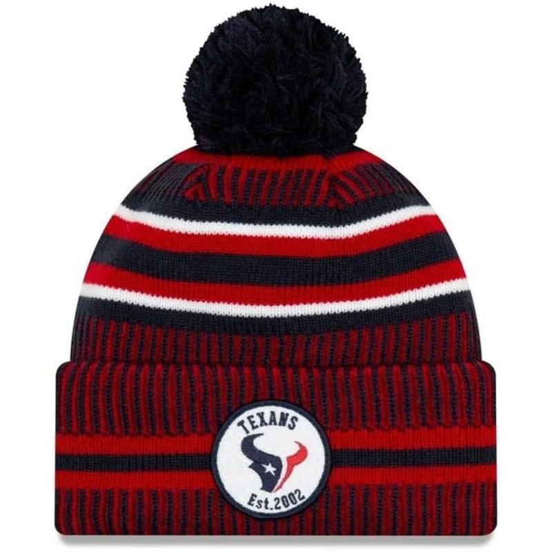 Houston Texans New Era NFL 2019 Sideline Cuffed Pom Knit Hat Red/Navy Blue/White Crown/Visor Team Color Logo