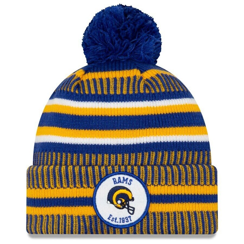 Los Angeles Rams New Era NFL 2019 Sideline Cuffed Pom Knit Hat Royal Blue/Yellow Crown/Visor Team Color Logo