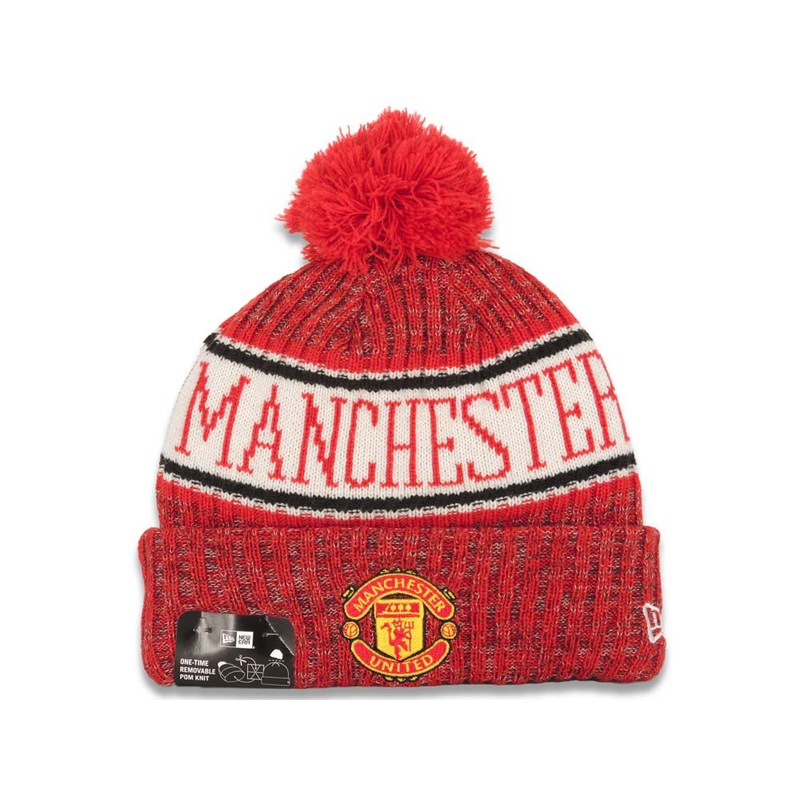Manchester United New Era Soccer 2018 Sideline Cuffed Pom Knit Hat Red/White Crown/Visor Team Color Logo